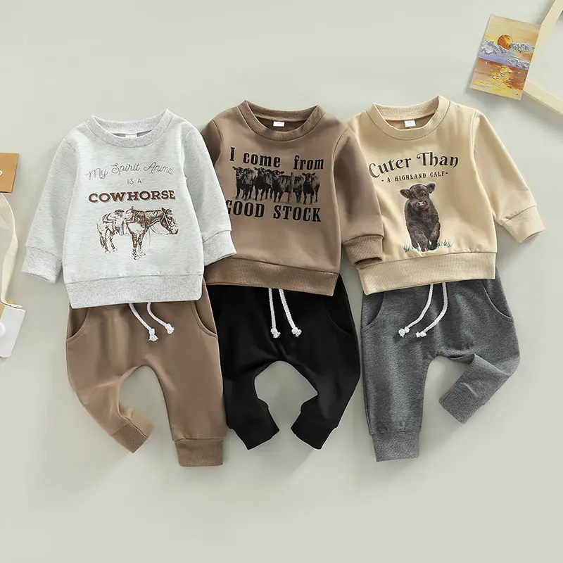 Spring long sleeve sweatshirt top animal print cow horse western infant baby outfit sets baby boy clothes