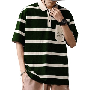 Camisa con hombros caídos transpirable de algodón 100 para hombre con estampado personalizado al por mayor, polos holgados de dos tonos con cuello vuelto a rayas - Product Image 5