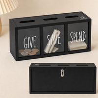 Boîte à monnaie en bois avec logo personnalisé, 3 sections, pour économiser, offrir et dépenser, avec fenêtres transparentes, cadeau pour enfants