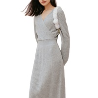 Robes décontractées Cachemire Tricot Carrière Modeste Femmes Dame Elégante Robe à Manches Longues Taille Serrée Robe Col en V Jupe trapèze