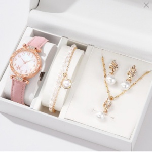Ensemble de montres élégantes pour femmes, ensemble de bijoux à fleurs noires, montre-bracelet à quartz pour femmes, collier, boucles d'oreilles, bracelet, ensemble cadeau - Product Image 4