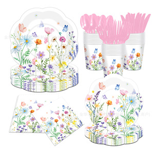 Ensemble de vaisselle pour fête aux fleurs sauvages, assiettes en papier, gobelets, serviettes avec décorations en dentelle pour la célébration du printemps - Product Image 1