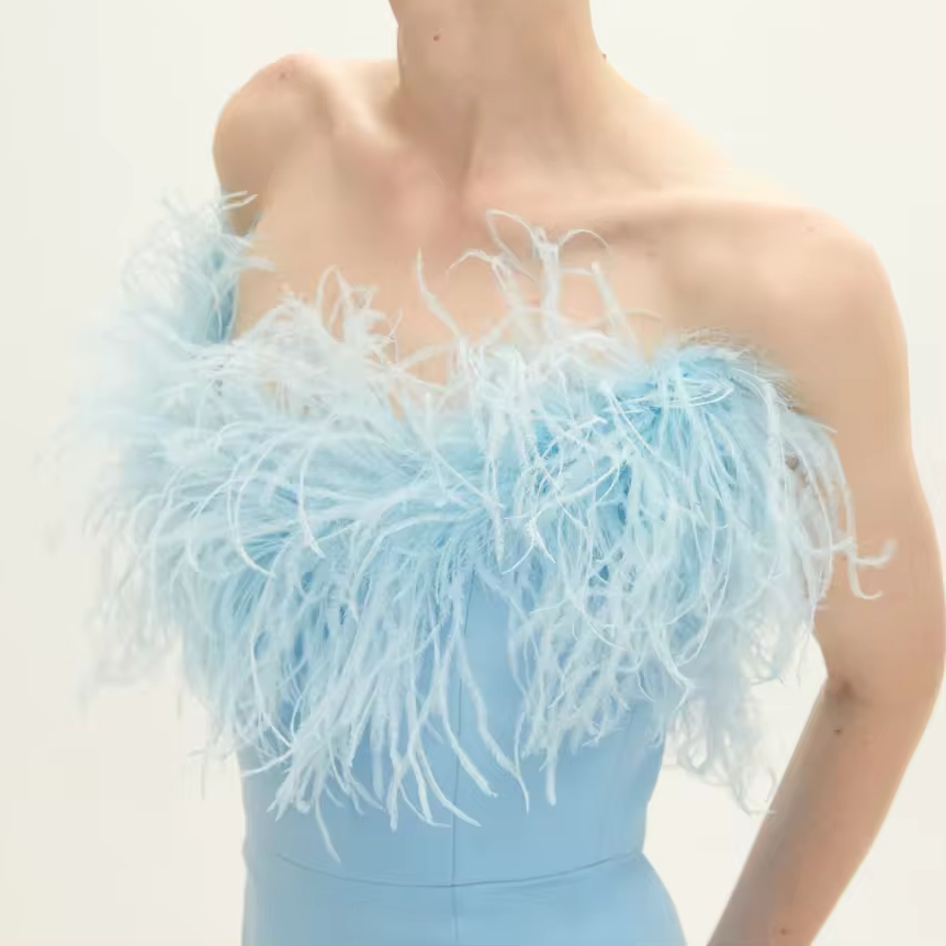 Luxury Sky Blue off-the-Shoulder Party Dress with Feathers