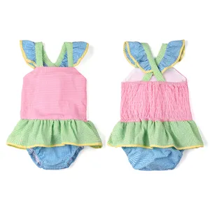 Summer muti-color seersucker ruffle monogram one-piece baby girl swimsuit bathing suit wholesale