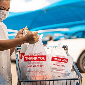White Plastic Shopping <b>Bags</b> With Handles Large Size Thank You Print 100 Pack For Grocery Retail Use - Product Image 6