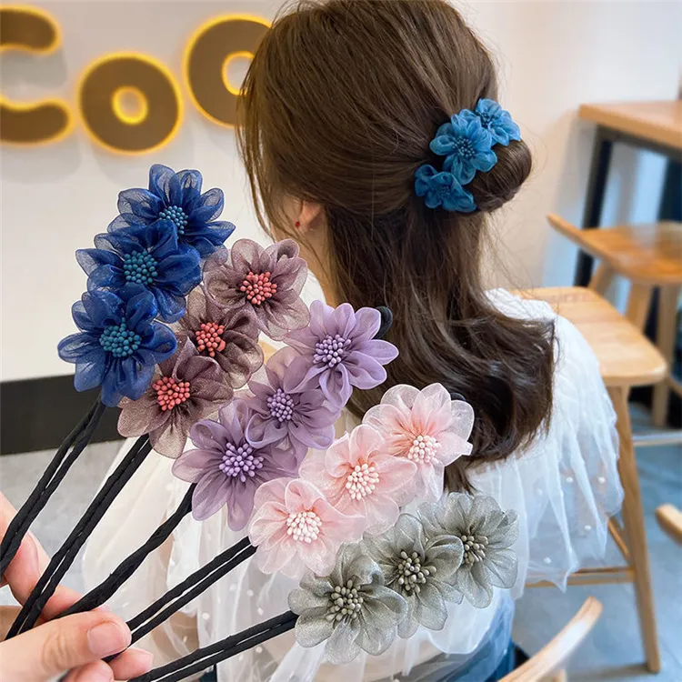 3D Organza Fluffy Flowers Twist Hair Pin Korean Girl Lazy Easy Hair Buns Ties Elegant Alloy Hair Band Accessories for Women