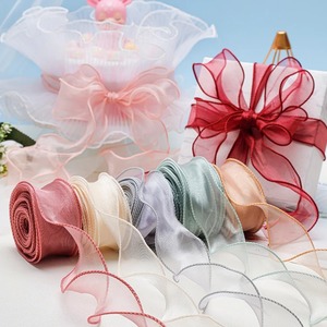 Wholesale Recycled Wired Double Face Glitter Printed Organza <b>Ribbons</b> Solid Color Gift Packaging Decorations <b>Wedding</b> Party Favor - Product Image 1