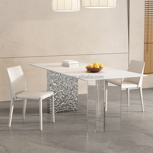Juego de Comedor de Lujo con Mesa Rectangular de Losa de Roca con Patrón de Mármol, Base de Metal Dorado y 6 Sillas, Muebles para Hogar, Restaurante y Hotel - Product Image 1
