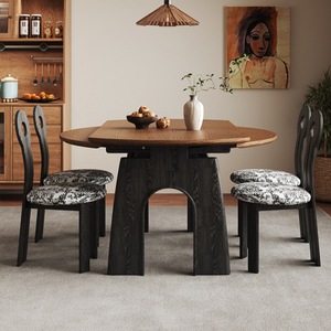 Custom Made Vintage Style Dining <b>Table</b> Stone Slab Extendable Foldable Square Shape Walnut <b>Solid</b> <b>Wood</b> <b>Top</b> - Product Image 2