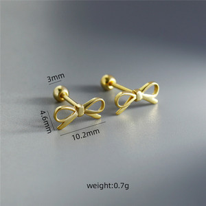 SP Korea busur Stud anting-anting perak murni 925 18K pita busur berlapis emas anting-anting sekrup dukungan - Product Image 3