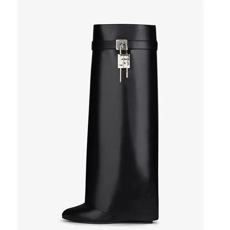 2023 OEMODM Custom Fashion Show Women Boot Slip On Black Leather Long Knee High Boots Wedge Heeled Boots