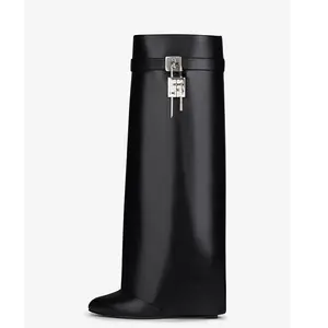 2023 OEM\ODM Custom Fashion Show Women Boot Slip On Black Leather Long Knee High Boots Wedge Heeled Boots