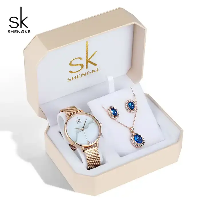SHENGKE Luxury Jewelry Watches Bracelets Earring Necklace Jewelry Watch Gift Set Box K0039L 12 Blue Accessories Luxury Watch Set