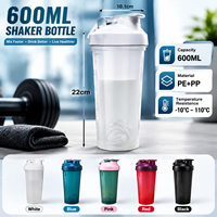 Bouteille shaker protéinée personnalisée avec logo, 600 ml, sans BPA, en PP, avec couvercle à bouton-poussoir et boule mélangeuse, anti-fuite, pour la gym, le sport et le fitness