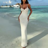 Robe longue moulante en maille et mousseline, style vacances à la plage, dos nu, texture ajourée, sexy, coupe ajustée pour femme, idéale comme cache-maillot de bain