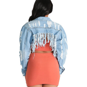 S-5XL Ripped and Washed <strong>Fringe</strong> Cut Back and Navel Sexy Short <strong>Denim</strong> <strong>Jacket</strong> for Women Holes Tassel <strong>Denim</strong> Coat - Product Image 3