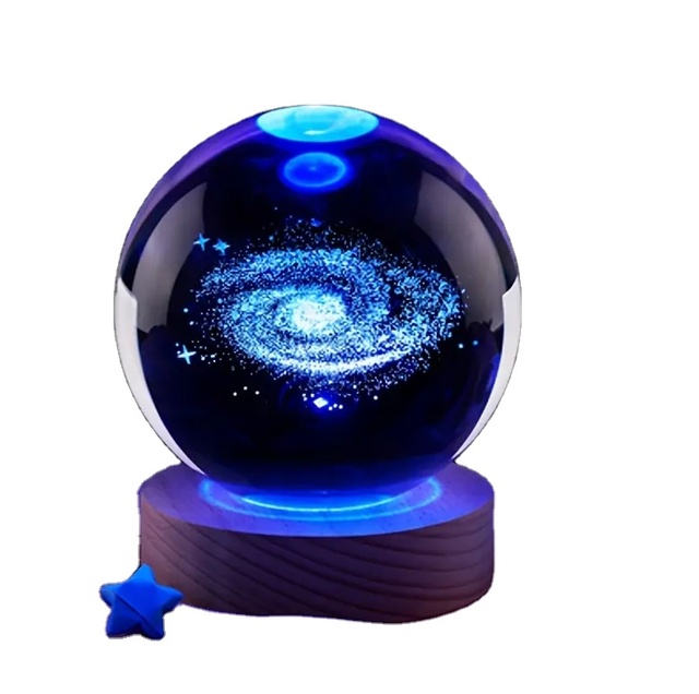 USB Galaxy Night Light 3D Engraved Crystal Ball With Wooden Base Color Changing Fantasy Bedroom Decor & Gift