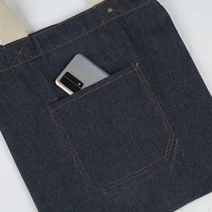 Denim Fabric Tote Shopping Bag With Cotton Webbing Handles Front Pocket Inside Zipper Pocket