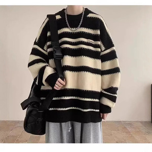 Nouveau <span class=keywords><strong>pull</strong></span> épais à épaules tombantes pour <span class=keywords><strong>homme</strong></span>, tricot rétro automne-hiver, style décontracté et ample à rayures pour garçons, couples et adolescents - Product Image 2