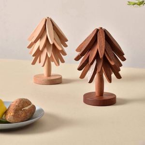 Kitchen Europe Style Folding <b>Tree</b> Shape Wooden Trivet Set with Coasters for Hot Dishes - Product Image 2