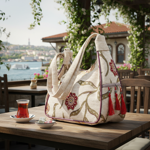 Turkish Authentic Tassel <b>Bag</b> With <b>White</b> Color Fabric and Tulip and Cloves Patterned ... From Turkey - Product Image 3