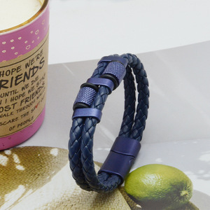 Dark Blue Men's Braided <b>Leather</b> <b>Bracelet</b> Multi Layer Foldable 7.5in 8.5in 9in Fashion Cuff Accessory - Product Image 1