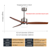 Ventilateur de plafond moderne de style américain avec pales en bois massif de 52 pouces, moteur DC haute puissance, télécommande et éclairage LED