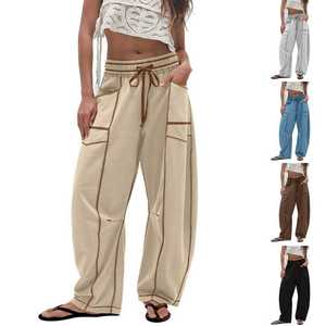 Pantaloni da donna a gamba larga con coulisse in vita alta e cuciture a contrasto, modello Barrel, spedizione rapida - Collezione 2026 - Product Image 1