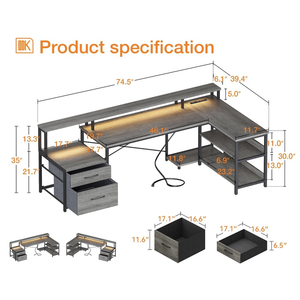 L-Shaped <strong>Desk</strong> with File Drawer 75" Reversible L-Shape Office &amp; <strong>Gaming</strong> <strong>Desk</strong> with Storage LED Strip &amp; Power Outlet <strong>Grey</strong> Oak - Product Image 3