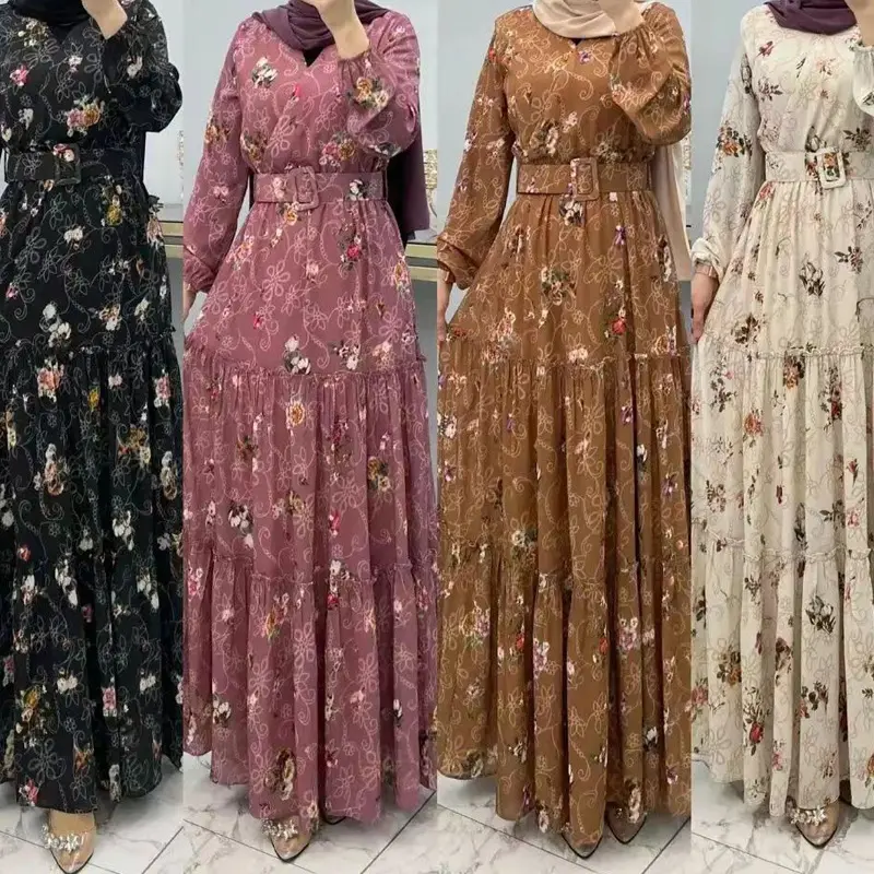 Keluaran baru grosir Dubai Turki warna polos sederhana Kaftan pakaian Muslim Abaya gaun floral untuk wanita