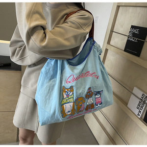 Sac fourre-tout en toile minimaliste brodé de style japonais de grande capacité, sac à bandoulière simple et polyvalent pour femmes - Product Image 2