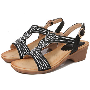 Sandales élégantes à talons compensés pour femmes, ornées de strass, à bout ouvert, avec bride à boucle, chaussures d'été – Vente en gros - Product Image 5