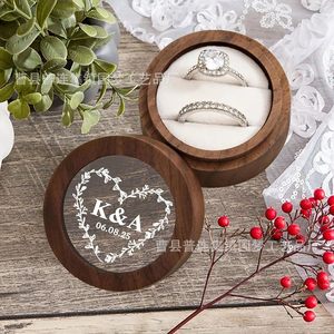 Wooden <b>Ring</b> Box Round Walnut Color Elegant Jewelry <b>Storage</b> Wedding <b>Ring</b> Packaging With Engraved Logo Customizable - Product Image 4
