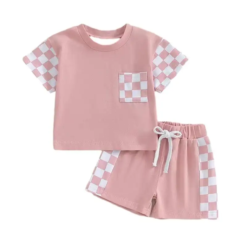 High Quality Trendy Plaid Style T-Shirt suit Energetic Summer Set for Kids Clothing Sets