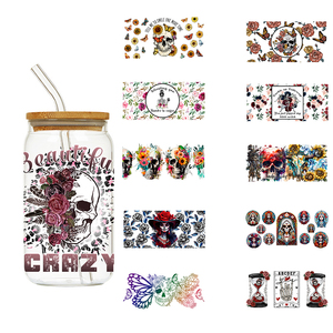 LETOP 1PCS Terrorífico Rose Skull UV para DTF Impermeable Ecológico 16oz Glass Cup Stickers Wraps Transfers - Product Image 1