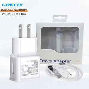 Honfly高品质旅行15w qc3.0手机充电器快速充电线三星s6 s7快速充电器 + usb微型电缆v8
