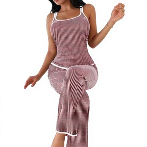 Women's Striped Lounge <b>Set</b> <b>Square</b> Collar Sleeveless Top Drawstring Pants Casual Summer Wear Soft Knitted Polyester/Cotton Fit - Product Image 3