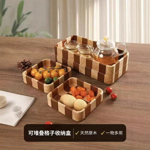 Acacia Wood <b>Tray</b> Checkerboard Pattern Rectangle 30x15cm Serving Plate For Food Fruit Drink Coffee <b>Tea</b> Home Use - Product Image 2