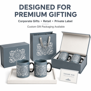 Mug en céramique bleu gris à motif islamique, impression blanche, anse noire, 350 ml, compatible micro-ondes, personnalisable OEM ODM, pour café et thé, coffret cadeau, vente en gros - Product Image 5