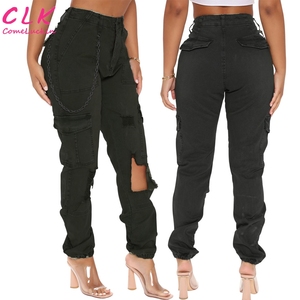 Pantalones vaqueros rasgados ahuecados para mujer, pantalones vaqueros informales con Bolsillo grande, pantalones vaqueros Cargo de camuflaje elásticos de cintura alta 2023 para mujer - Product Image 2