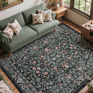 Tapis de luxe imitation cachemire rectangulaire, motif plantes et fleurs, teinture à l'encre beige, feuilles de verre, tapis de salon - Product Image 3