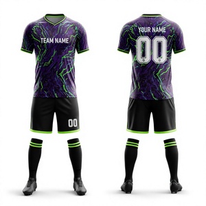 ชุดฟุตบอลแบบ sublimated สั่งทำ OEM ลายพิมพ์เรขาคณิต สีน้ำเงินขาว คอวี แขนสั้น ผ้าโพลีเอสเตอร์ระบายอากาศ ชุดยูนิฟอร์มสำหรับผู้ใหญ่ แบบ unisex - Product Image 2