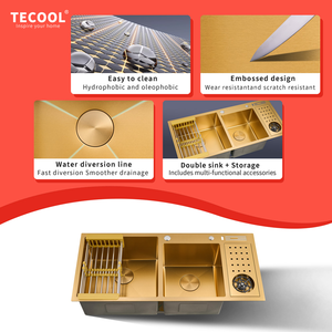Évier de cuisine <span class=keywords><strong>double</strong></span> cuve en acier inoxydable 304 doré à encastrer, personnalisable, avec égouttoir - Product Image 5