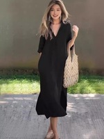 Robe longue décontractée d'été pour femme en coton et lin, col en V, fente latérale, plissée, coupe trapèze