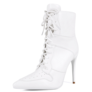 Sports Styles Women Stiletto Thin Heels Short <b>Boots</b> Big Size 47 Front Lace up Rivets Shoes Wide Fit Ankle White Booties - Product Image 1