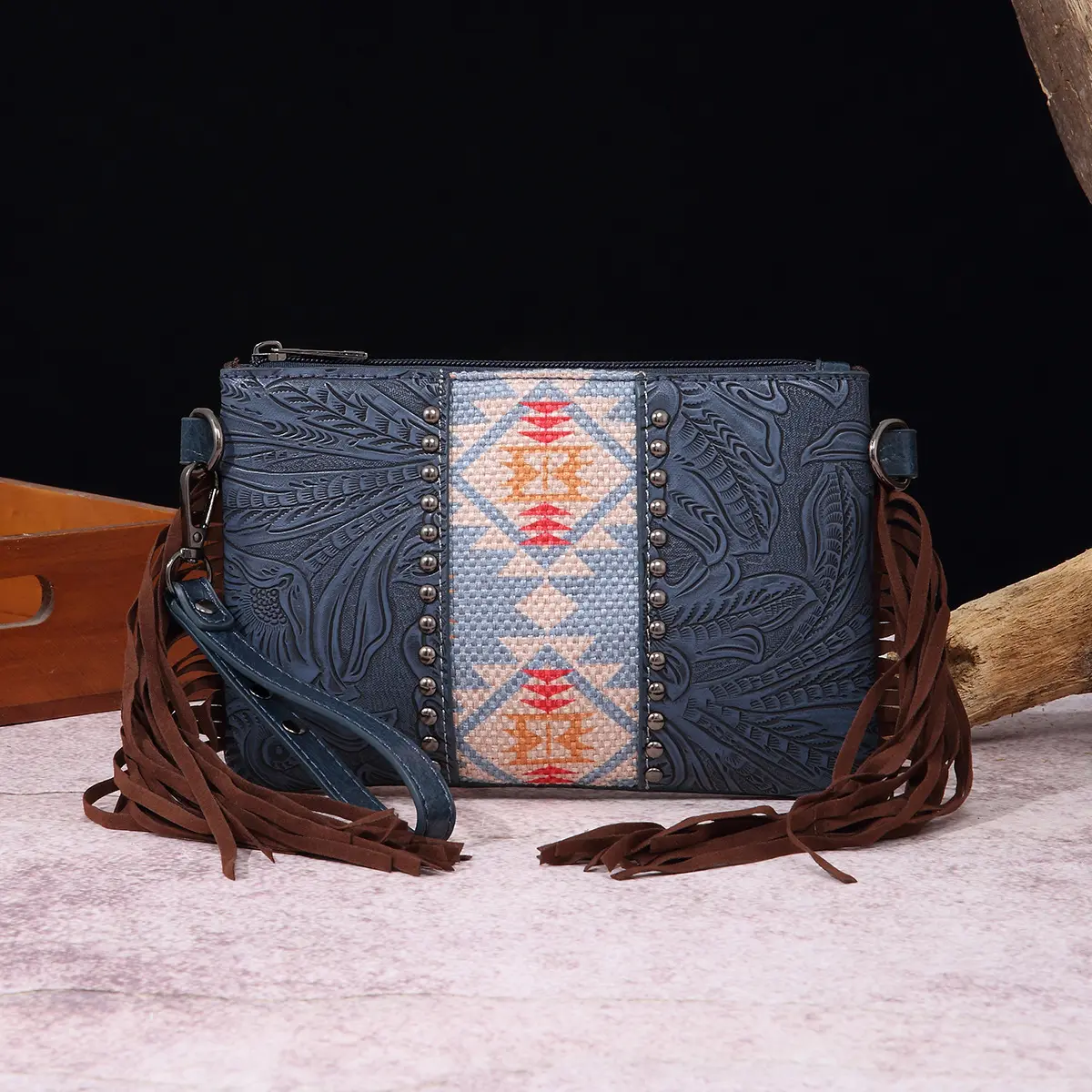 Vintage Women Waist Bag Western Bohemian Leather Carving Fanny Pack Pu Clutch Bag With Tassel
