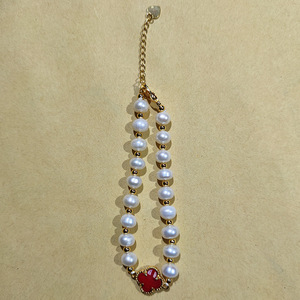 Freshwater Pearl <b>Bracelet</b> 7-8mm Near Round Heart Shape <b>Red</b> Black Zinc Alloy Jewelry Gift - Product Image 4