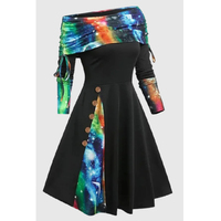 Robe midi évasée pour femme, à carreaux patchwork, épaules dénudées, manches longues, avec boutons décoratifs, pour Noël, automne, hiver, fêtes et occasions spéciales