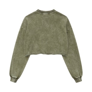 5C caliente mujer sudadera recortada Top ropa 100% algodón francés Terry 380g ácido nieve lavado Vintage cuello redondo mujeres sudaderas - Product Image 3