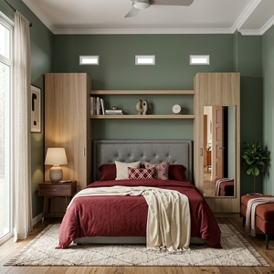 Armoire de lit en contreplaqué et placage de frêne blanc Sungkai, finition naturelle, unité de rangement pour chambre à coucher avec miroir et étagères - Product Image 2